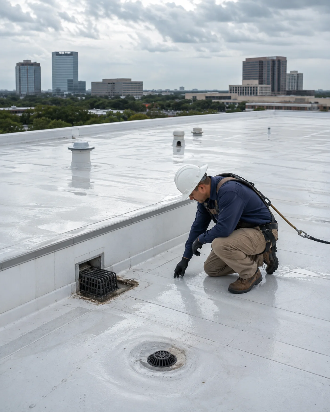 Illustration of a roofing professional using fall protection while reviewing drainage on a wet low-slope Houston commercial roof