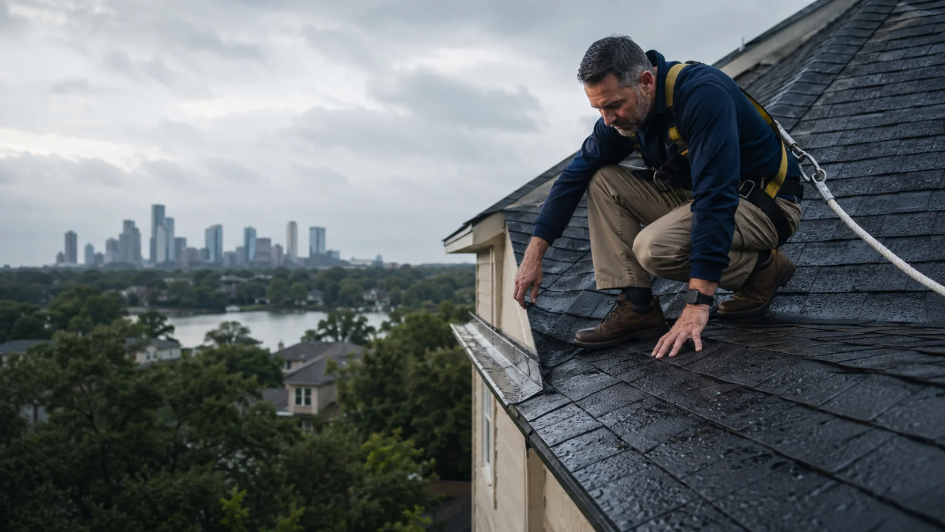 Illustration of a roofing professional using fall protection while inspecting wet shingles and flashing on a Houston-area home